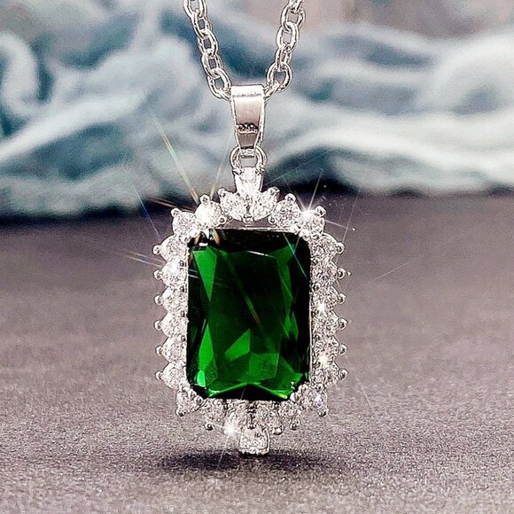 🎀 Rectangle Style Silver Plated Green Color CZ Necklace for Women, HA4478 - Picture 5 of 6